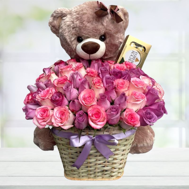 Arreglos Florales Osito Y Rosas Osito Panda Enamorado En Canasta
